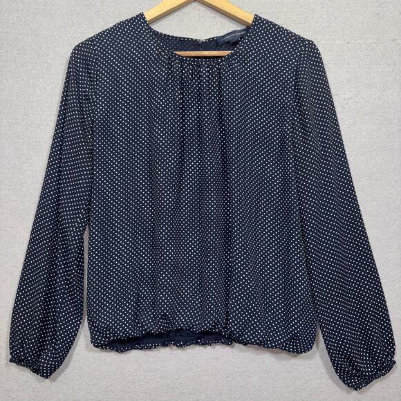 Tommy Hilfiger Navy Blue Polka Dot Blouse Medium Long Sleeve Loose Fit Classic - Picture 1 of 7